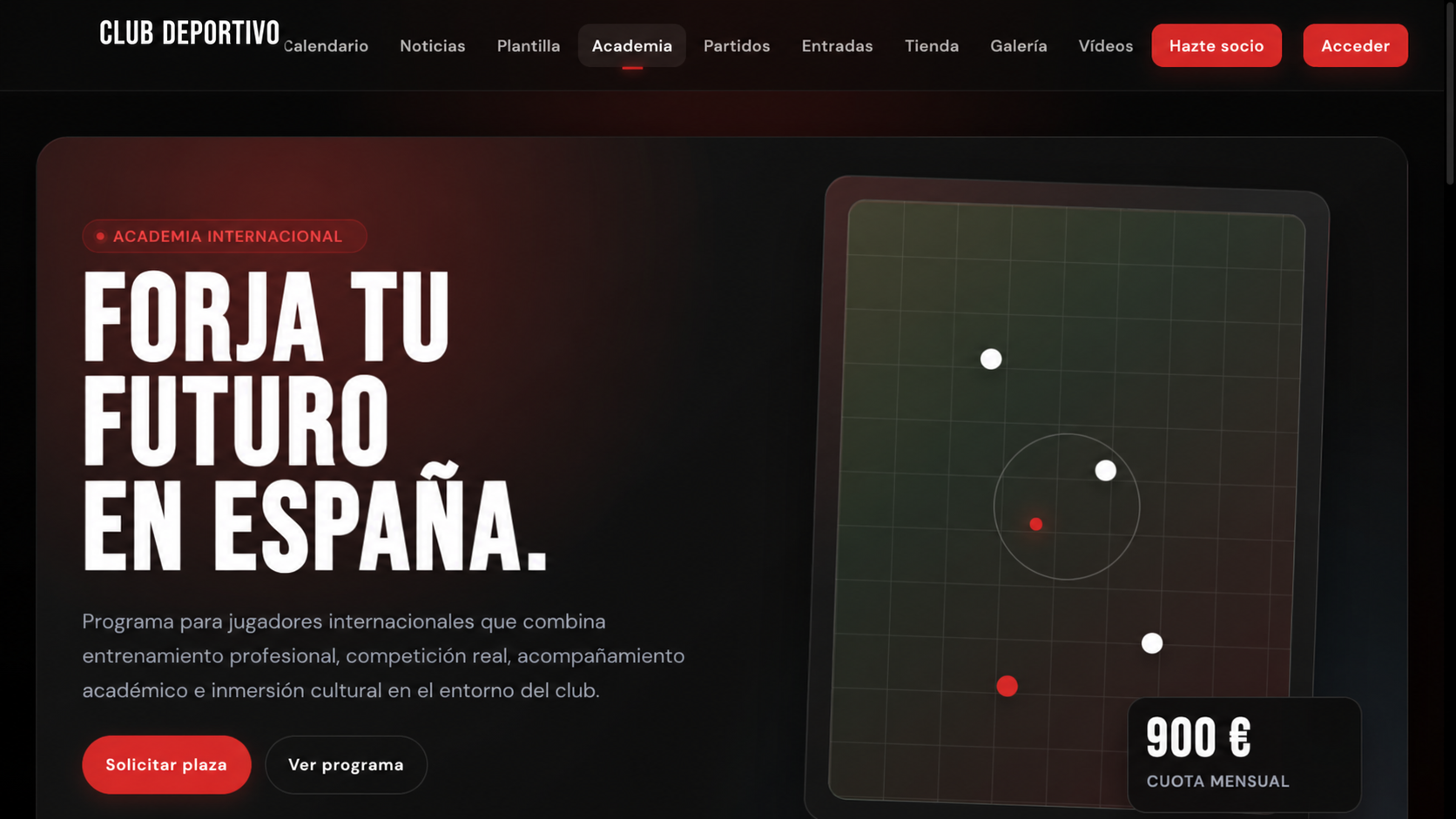 Vista de la página de una academia deportiva, con su presentación, un campo de fútbol esquemático y acceso a la solicitud de plaza. Identidad anonimizada.