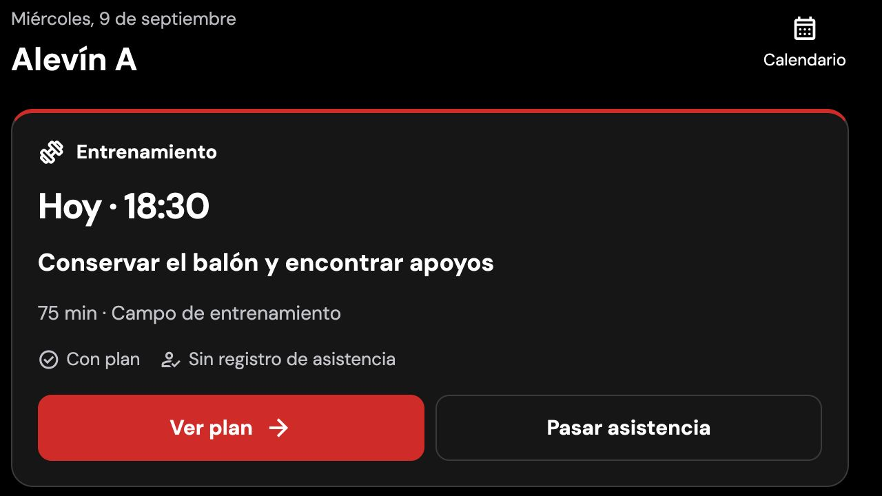 Captura real del panel deportivo: planificación de un entrenamiento y acceso al registro de asistencia, con datos de demostración.